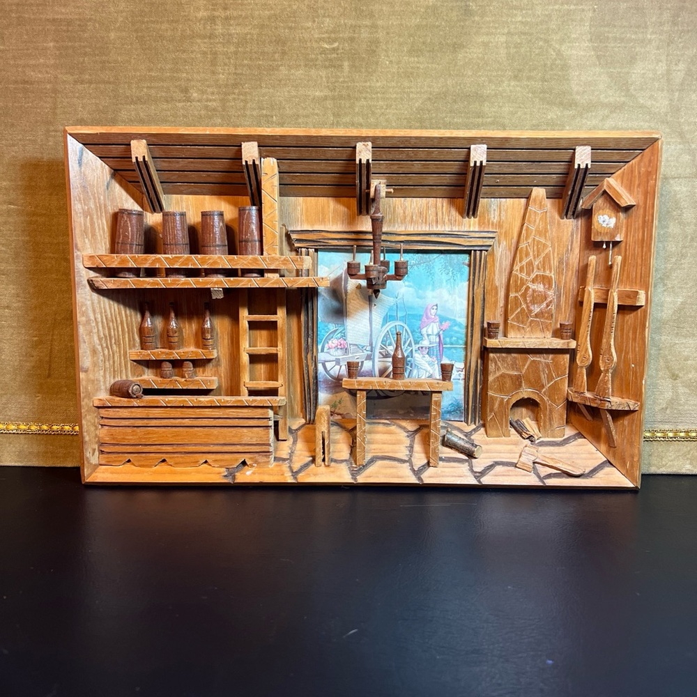 Vintage 1960’s MCM Carved Wooden Lodge Bar Tavern Inn Market Town Diorama 3D
